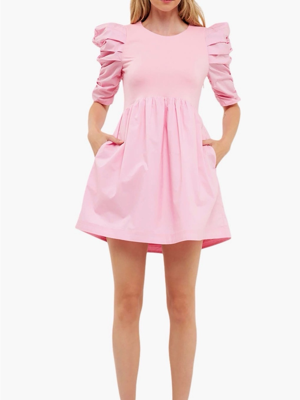 English Factory Pink Puff-Sleeve Mini Dress with Pockets